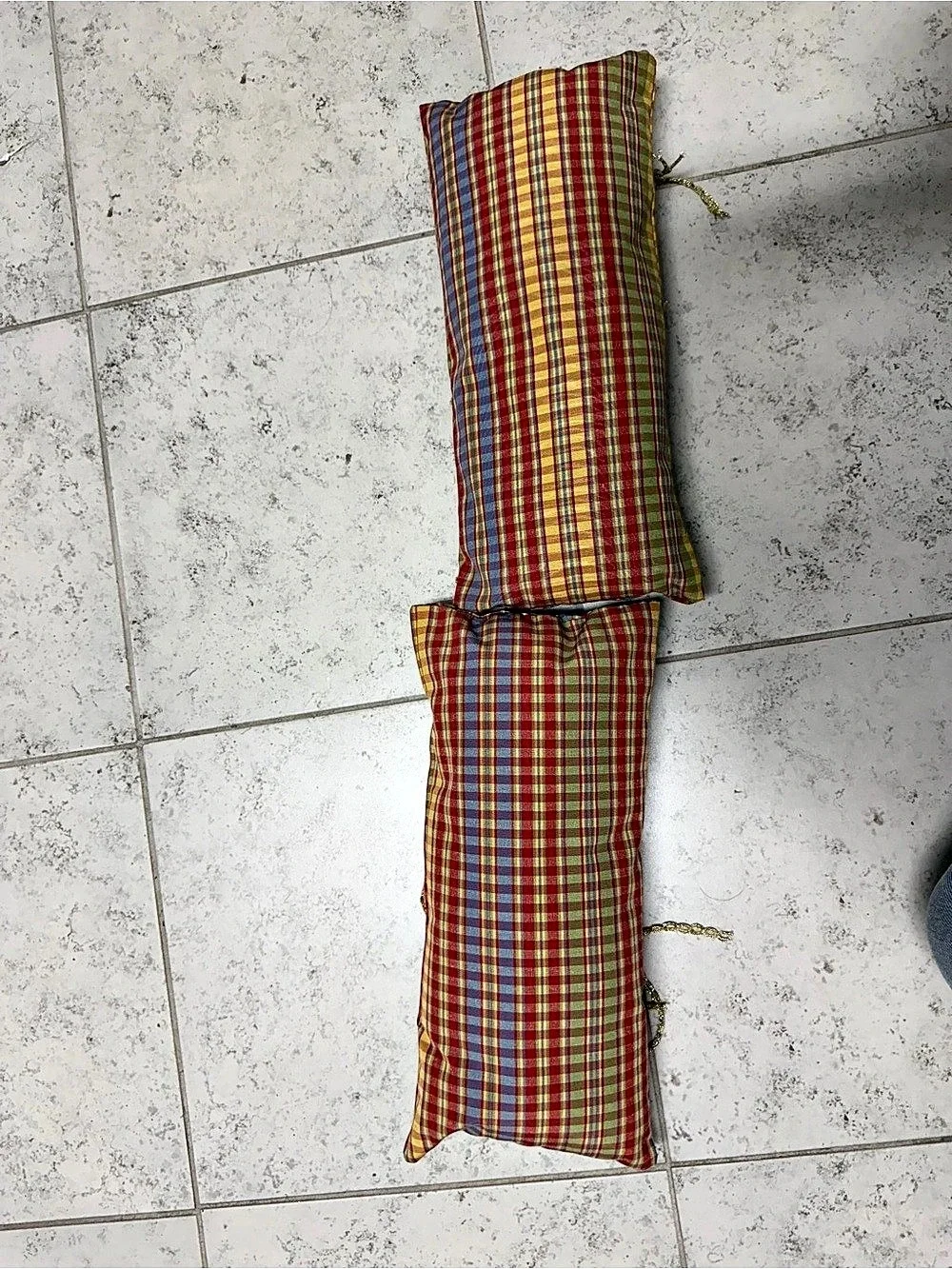 Plaid Accent Pillows in Red, Yellow, green and blue with decorative Gold tassel